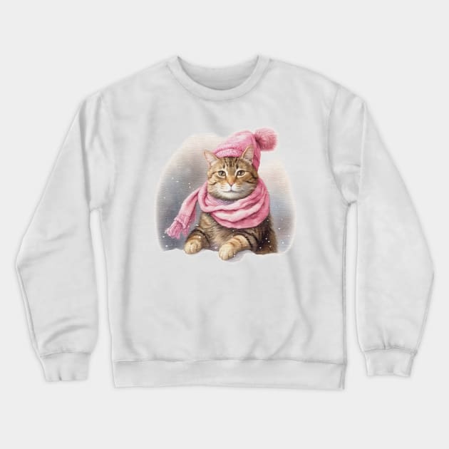 Adorable cute Cat wearing a pink hat and scarf Crewneck Sweatshirt by JnS Merch Store